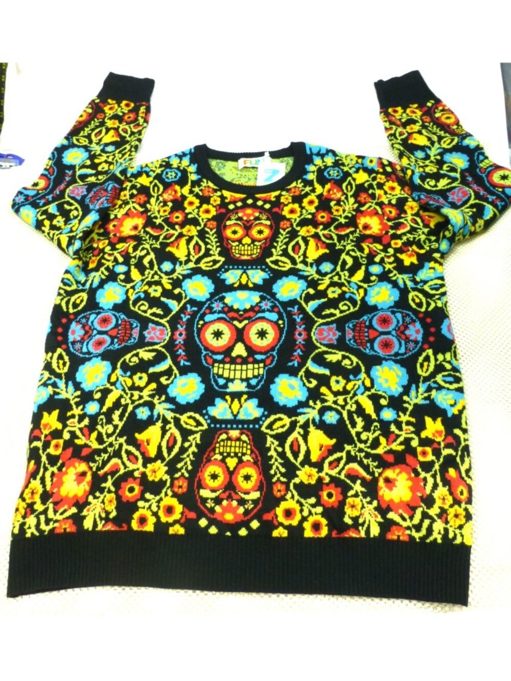 Day Of The Dead Skull Sweater XL Colorful Floral Pattern Fun.com‎ NWT